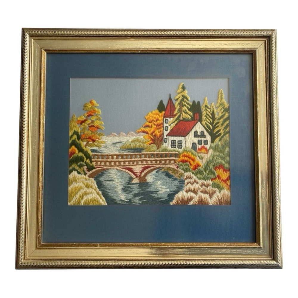 Needle Point Vintage Framed Handmade Lovely Wall Art